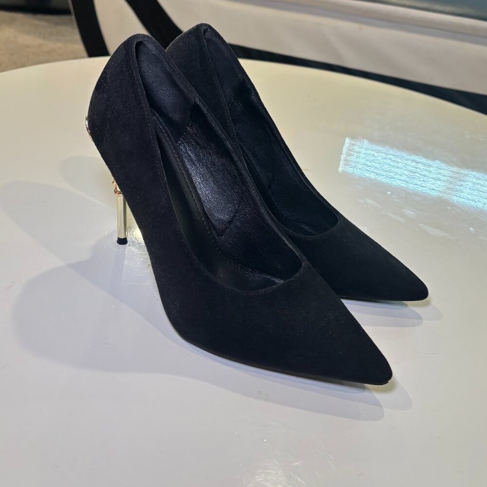 Black Suede Stiletto Pumps with Gold Angel Detailing Womens 41 Like New